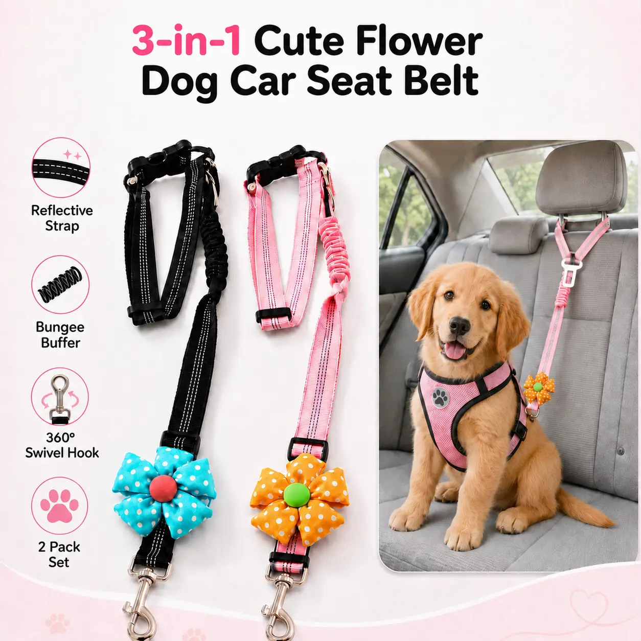 2-Pack 3-in-1 Dog Car Seat Belt - Elastic Fabric Shock Absorbers, Reflective Adjustable Pet Safety Tether with Headrest & Seatbelt Buckle, Flower Bow Accent for Travel Safe Road Trips (Black & Pink)