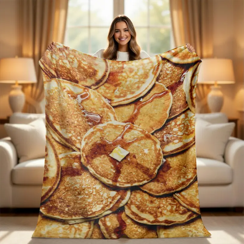 Pancake Blanket with Butter Syrup Soft Flannel Fleece, Funny Realistic Food Blanket Cute Warm Throw Blanket for Bed Couch, Cozy Cottagecore Room Decor Quirky Birthday Gift