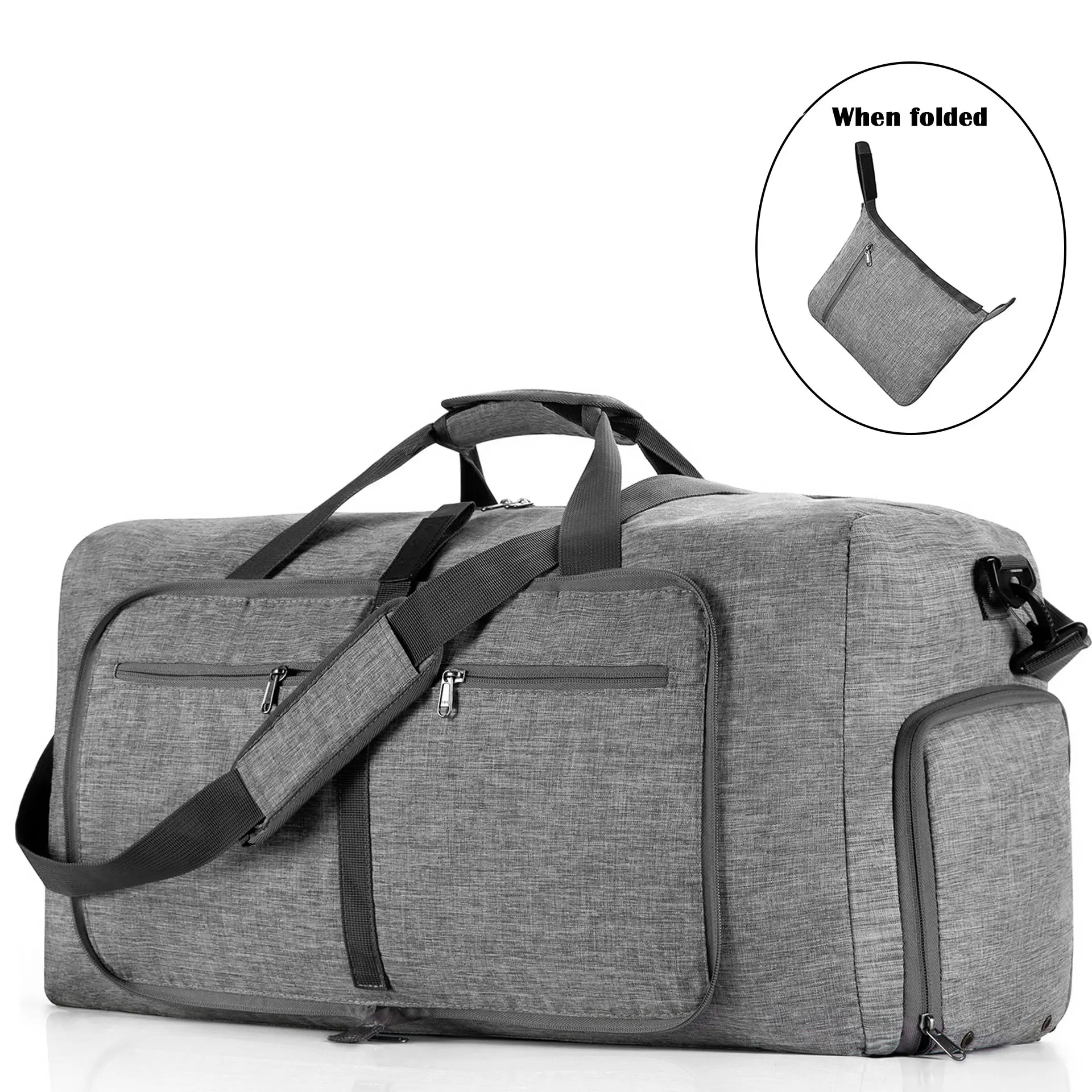 65L Duffle Bag with Shoes Compartment, Foldable Travel Duffel Bags for Men Women, Large Packable Travel Bag Water Repellent & Tear Resistant (Gray) weekenderduffel hospital bag for mom pattern luggage bag Convertible High Capacity Garment Bag
