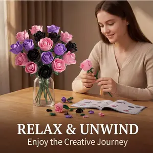 12 Blooming Pink Roses in a Bouquet of Building Blocks—DIY Assembly Set—Flower Arrangement—Deluxe Christmas and Valentine's Day Gift Box—Perfect for Home and Office Decoration—Model Collectible, Easy to Assemble, Building Block Toy—Game