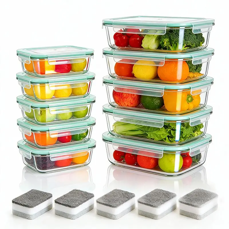 BPA-Free Borosilicate Glass Food Storage Containers Set, 8-10-12 Piece with Silicone Airtight Leak-Proof Lids, Microwave, Oven & Dishwasher Safe, Stackable Compartmented Meal Prep Bento Boxes for Kitchen Preserving