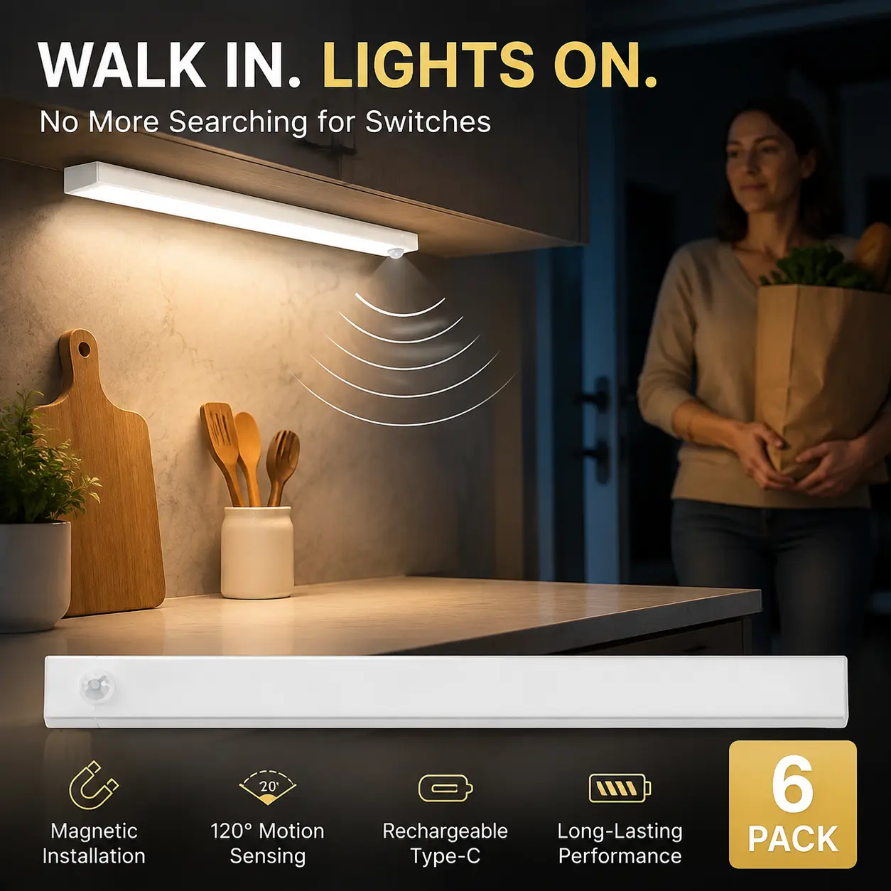Rechargeable Magnetic 13 In Motion Sensor LED Bar Lights, 6-Pack Type-C Charging Under Cabinet Supplemental Lights for Kitchen, Closet