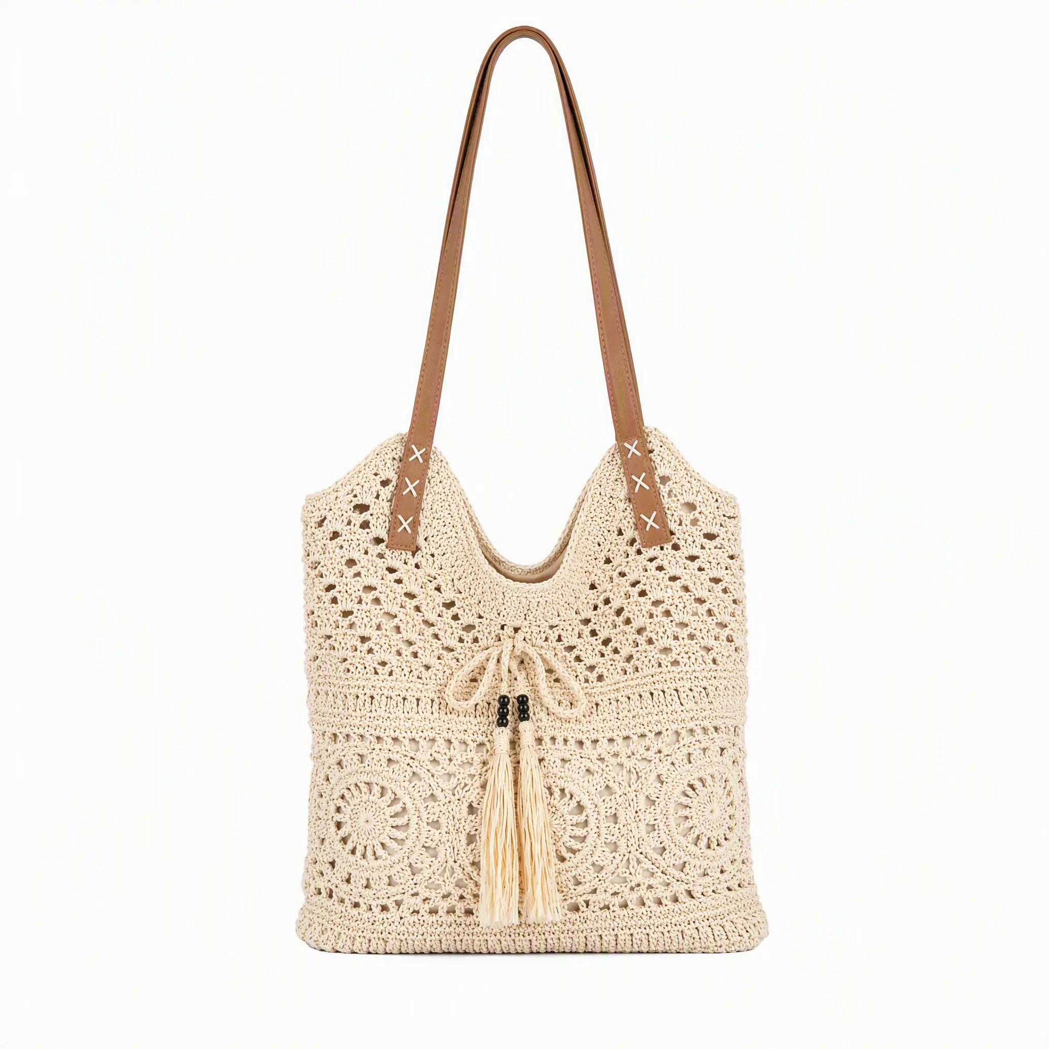 HONITTY Women's Boho Handmade Soft Cotton Rope Crochet Tote Bag - Anti-Theft Zipper Closure, Natural Hollow Design, Tassels, Decorative Wooden Beads, Shoulder Strap for Beach, University Use (Bohemian Look, Crochet Work)