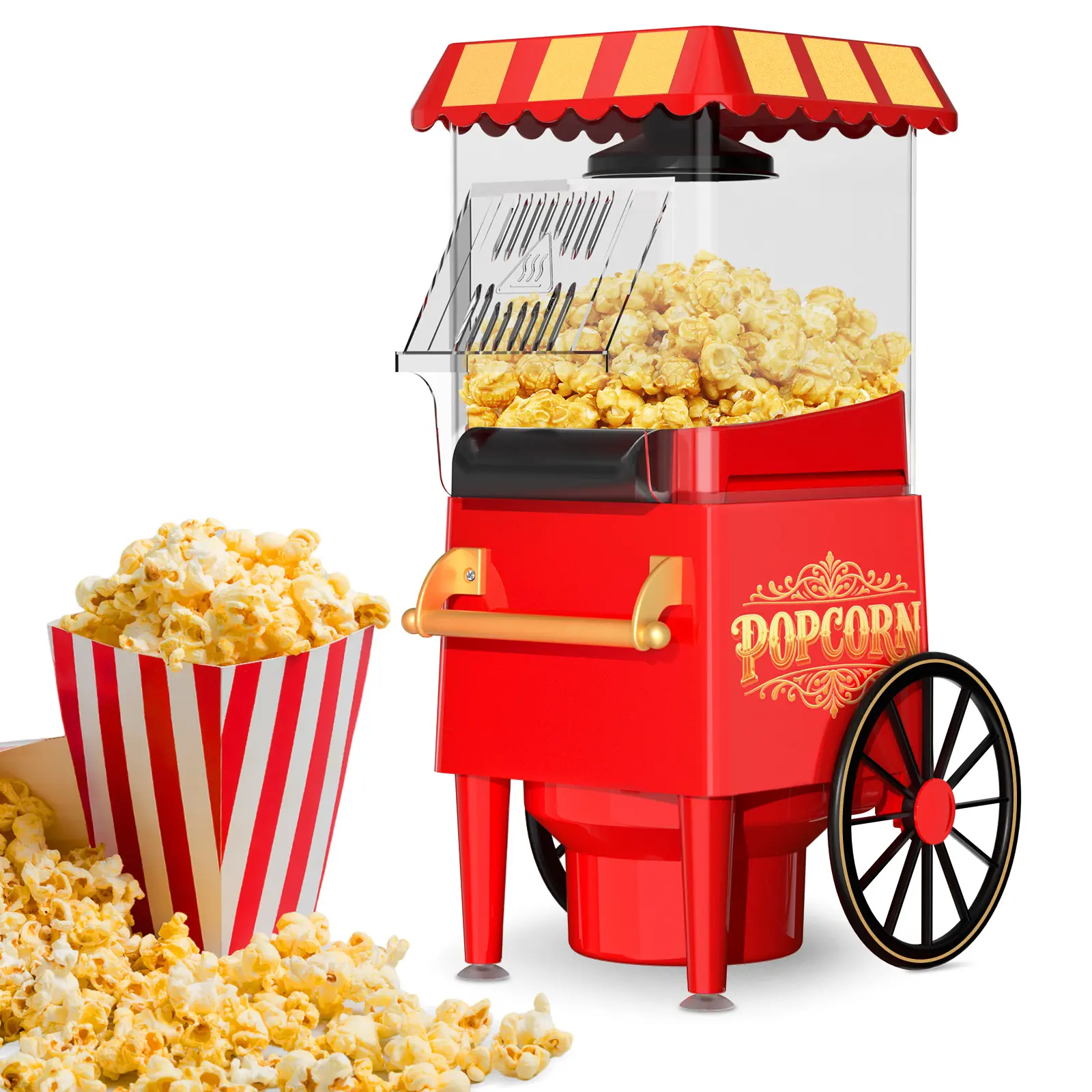 1200W Stainless Steel Electric Hot Air Popcorn Maker Machine - Oil-Free Healthy Popper with Measuring Scoop, Retro Red, Compact 12-Cup Capacity, Small Footprint, Easy-Clean Safe Operation for Home Movie Nights, Parties