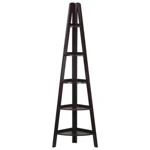 Corner Ladder 5-Shelf Bookcase - Elegant Solid Wood Construction, Retracting Lengths, Rich Espresso Finish, 16"W x 16"D x 72"H, Fully Assembled