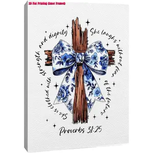 1pc 2D flat inner framed wall decor,Chinoiserie Floral Bow Cross Christian Wall Art Decor Framed, Proverbs 31 Bible Verse Religious Canvas Prints Poster for Girls Bedroom Room Dorm Home Wall Decoration, canvas frame ready to hang, Flower