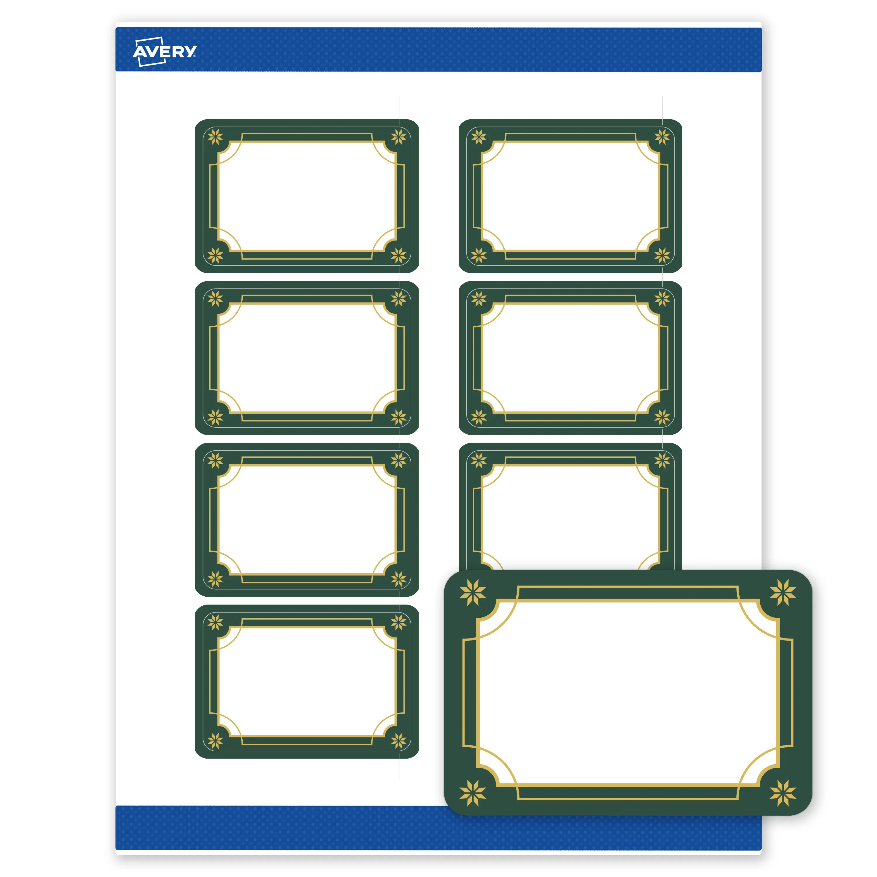 Avery® Printable Christmas Labels with Sure Feed® Technology, Rectangle, 2" x 3", Pre-Printed Green & Metallic Gold Border Design, Matte White, Laser & Inkjet Compatible, 80 Total