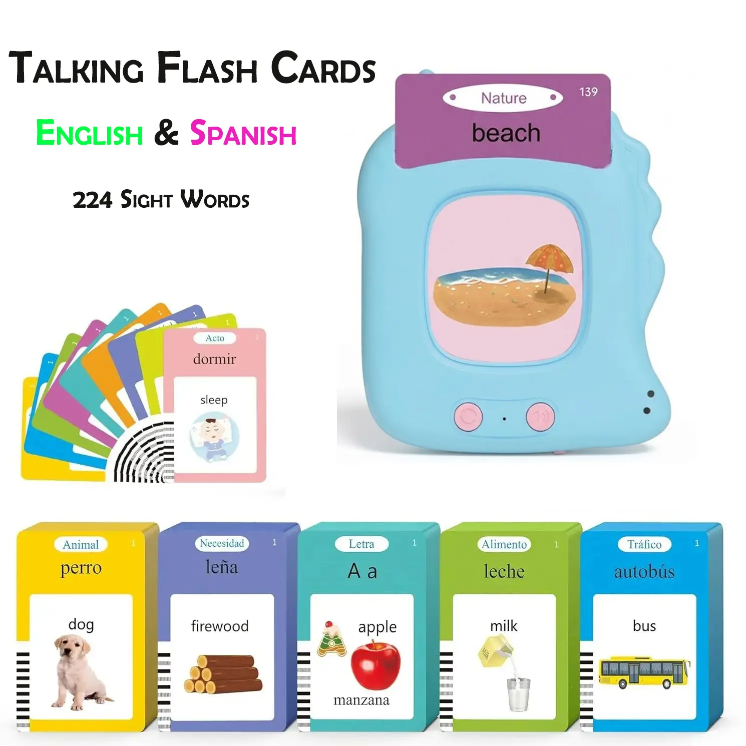 224 Words Interactive Talking Flash Cards | English & Spanish Bilingual Toys for Kids 3-8 | Portable Pocket Vocabulary Builder for Preschool | Summer Travel Road Trip Activity & Educational Learning