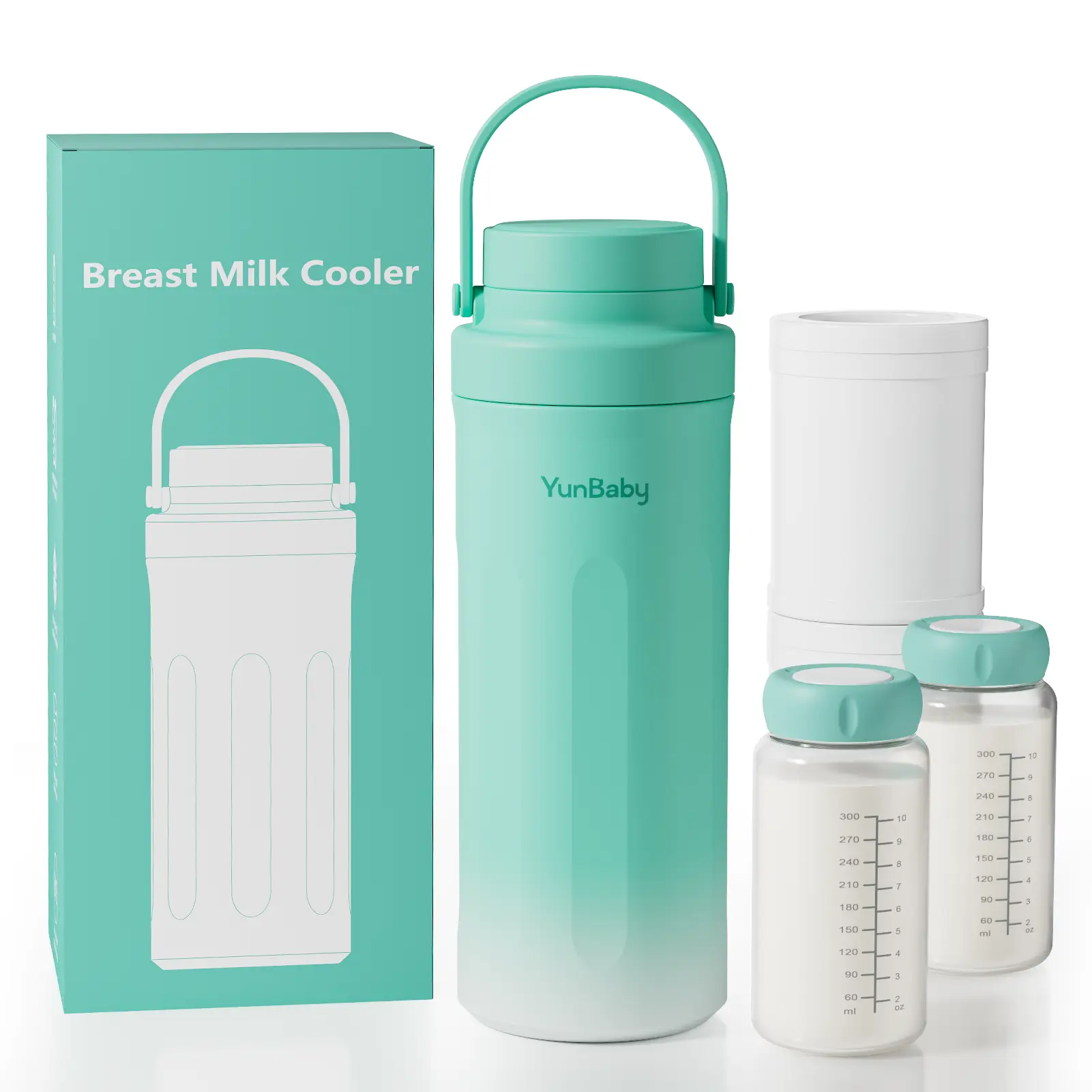 YUNBABY 22oz Travel Size Breast Milk Cooler + Bottles Kit with 360° Cooling Gel Pack Insert, 30H Long-Lasting Chill, 2 BPA-Free Stainless Steel Bottles, Leakproof, Dishwasher-Safe, Green, Advanced Cooling Tube, Large Capacity, Portable Design, Leakproof S