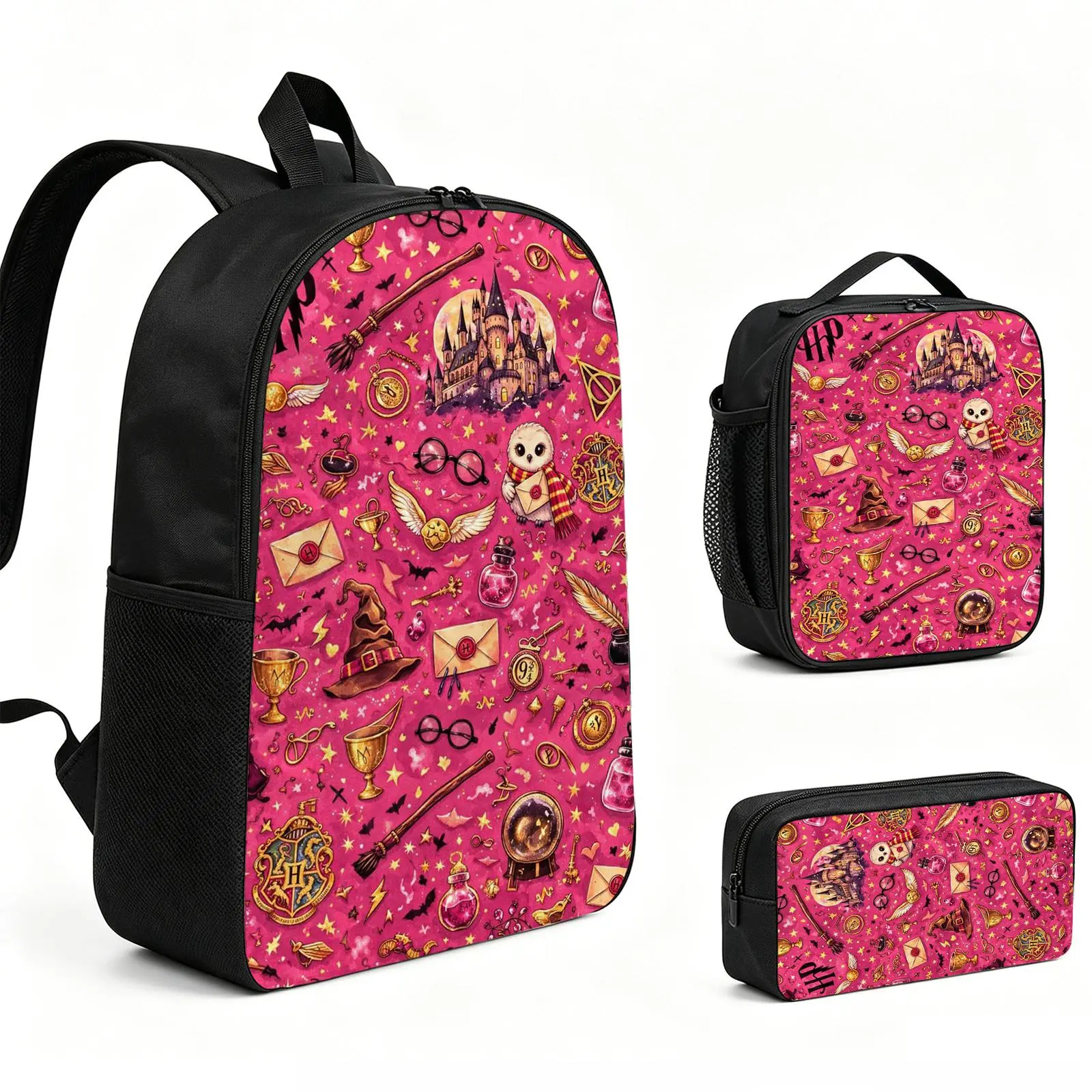 Harry Potter Backpack 3pcs Set with Vibrant Print, Durable School Bookbag with Insulated Lunch Tote and Pencil Bag for Teens Boys Girls, Multi-Functional Laptop Travel Daypack Gift for Kids L-58