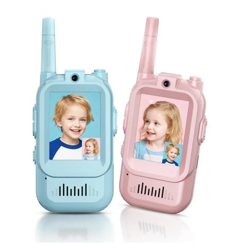 Handheld 2 Pack Video Walkie Talkies for Kids, Rechargeable Video Intercom Kids Walkies Talkies, Family Games Hiking Outside Toys to Share Easily for Boys Girls Ages 3-12 (Blue/Pink)
