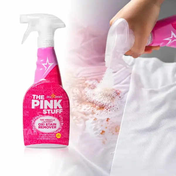 THE PINK STUFF Oxi Fabric Stain Remover 16.9 fl oz,pretreat spray,oxi stain remover,whites,colors,colorfast fabric,daily stains,food spills,grease spot,coffee stains,grass stains,collars,cuffs,kids clothes,gentle fabric,natural formula,rhubarb scent,vegan