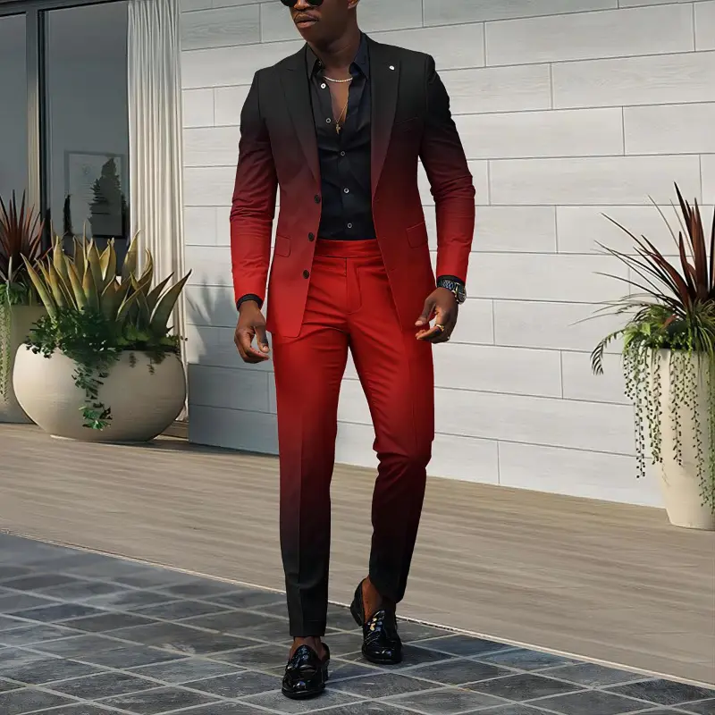 Men's 2-Piece Gradient Suit Set 2025, European-American Style, Formal Menswear with Buckle, Black and Red, Comfortable Fabric, Casual Fashionable Suit Trousers Set, Combination, Xxl, Formal Wear, European Style, All Seasons