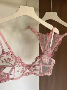 Women's Blush Pink Lingerie Set, 2-Piece French Romantic Floral Embroidered Mesh with Underwire Push-Up, Classic Glam Valentine's Gift