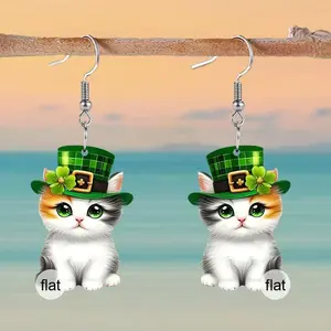 Irish St. Patrick's Day Cat Earrings 2D Flat Acrylic Creative Green Magic Hat Three Color Kitten Earrings Women's Festival Gift