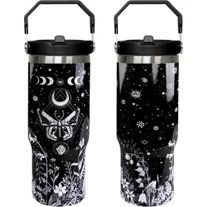 30oz Goth Tumbler with Handle and Straw, Sun and Moon Cup Gothic Butterfly Insulated Leak Proof Travel Coffee Mug, Witchy Stuff, Reusable Stainless Steel Witch Tumbler