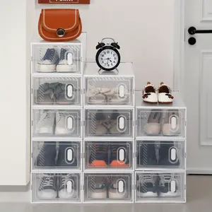 12 Pack Clear Plastic Stackable Shoe Storage Boxes with Lids - Durable Space-Saving Closet Organizers for Women & Men, Rectangular Containers for Shoes, Accessories & Home Organization White Versatile Container Use Modern Aesthetic Easy Visibility Racks