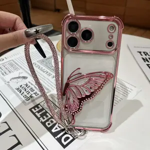Elegant Diamond Butterfly Phone Case, Transparent Anti-Drop Shockproof Design, Detachable Full Drill Lanyard, Compatible with iPhone 17 16 15 14 13 12 11 Plus Pro Max Air E Series