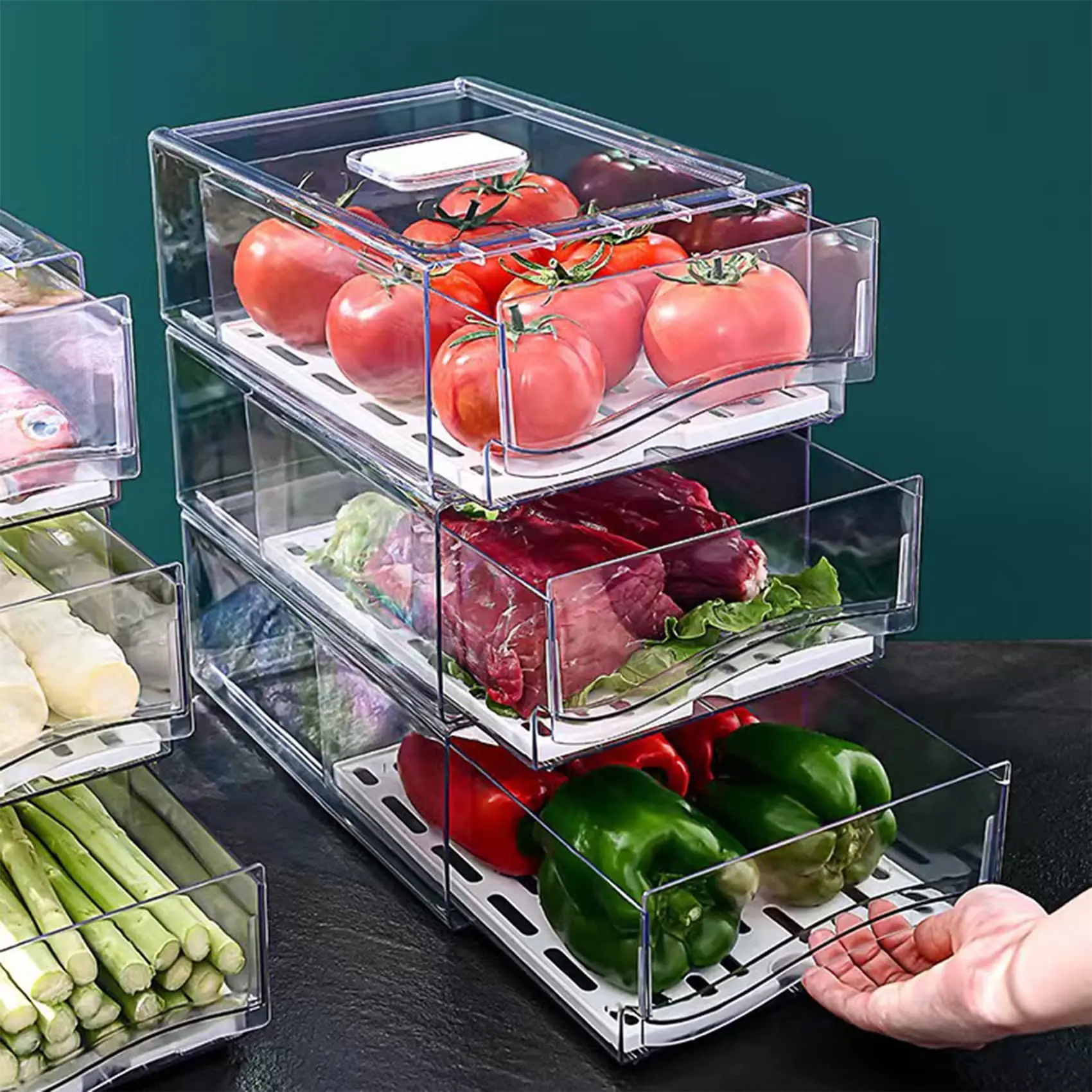 2-Pack Stackable Fridge Organizers and Storage Bins - BPA-Free Plastic Food Containers with Ventilation Holes, Stable Drawer-Design for Small Home Kitchen Fresh Airflow, Kitchen Pantry