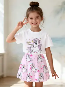 Girls' Unicorn Two-Piece Set, T-Shirt & Skirt, Summer Casual, Fitted Style, All over Print, No Zipper, No Button