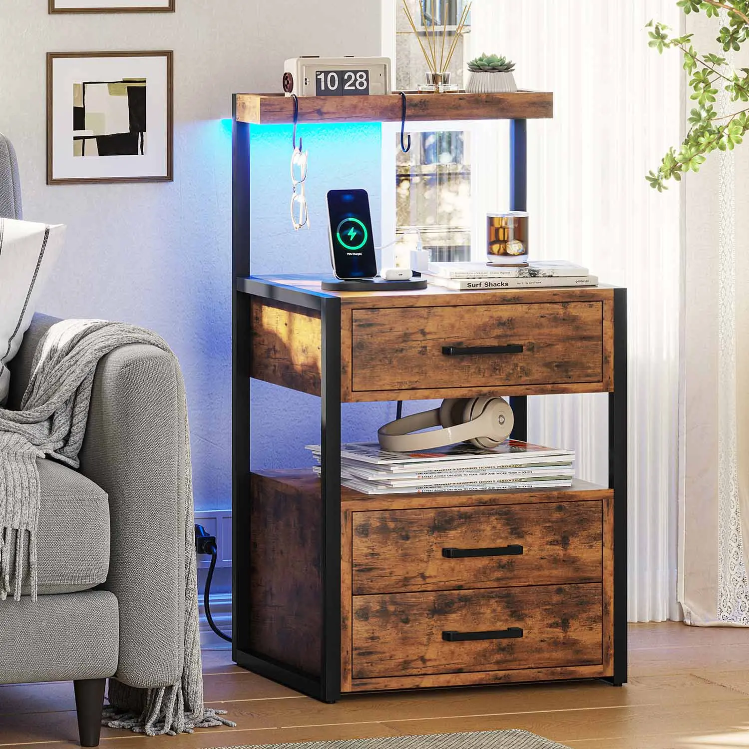 Sikaic 3 Drawer Nightstand with Charging Station, Bluetooth and LED Lights, Brown Bedside Table with Charging Ports