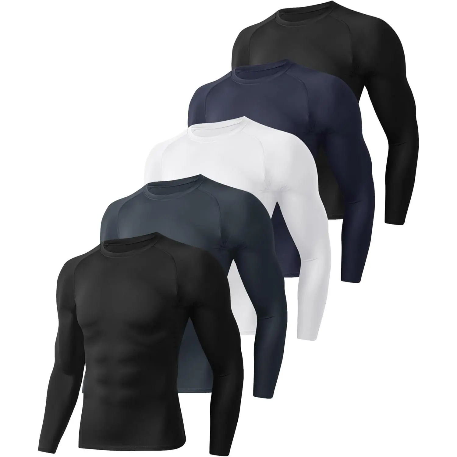 Men's 5-Pack Long Sleeve Compression Shirts, Fitted Quick-Dry Base Layer with 4-Way Stretch for Gym, Running & Baseball
