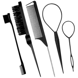 5Pcs Slick Hair Brush Set with 2Pcs Topsy Hair Tail Tool 1Pcs Bristle Teasing Hair Brushes 1Pcs Edge Brush 1Pcs Rat Tail Comb Woman,Girls,Hair Flyaways Styling,Edge&Back Combing biack springtok