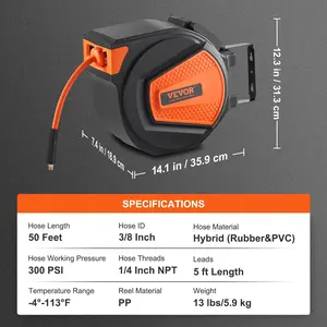 VEVOR Retractable Air Hose Reel, 3/8 INx 50 FT Hybrid Air Hose Max 300PSI, Air Compressor Hose Reel with 5 In Lead in, Ceiling/ Wall Mount Enclosed Air Reel, 180 Swivel Mount