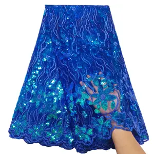 Fashion French Tulle Lace Fabric 5 Yards Nigerian Women Party Sequin Embroidery African Lace Fabric