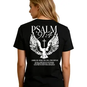 Christian Psalm 91:4 Eagle Cross Graphic Tee Soft 100% Cotton Unisex Crewneck TShirt for Men Women Classic Fit Casual All Seasons Fitted Top Menswear - Fabric