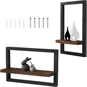 Rustic 2-Piece Paulownia Solid Wood Floating Wall Shelves with Frame - Farmhouse Gift, Lightweight Organiser for Bedroom Photo Display, Easy Mortise-Tenon & 3D Hidden Bracket Installation