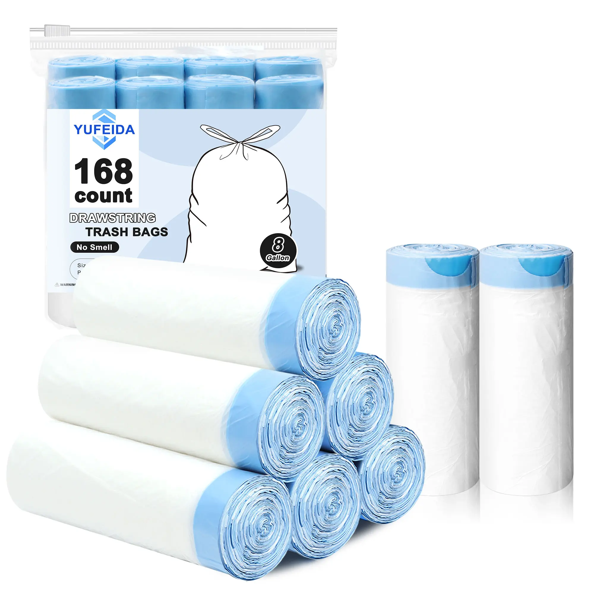 Household 8-Gal Drawstring Trash Bag Pack, 168-Count White Tear-Resistant Sturdy Eco-Friendly Odorless Plastic Liners, Includes Trash Bags for Bathrooms, Balcony Use