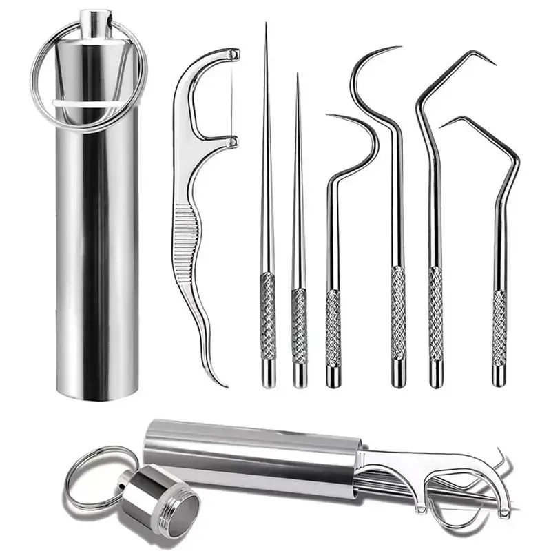 7Pcs Set Portable Stainless Steel Toothpicks Pocket Set, Reusable Metal Toothpicks Cleaning Kit with Holder for Outdoor Picnic Camping Traveling