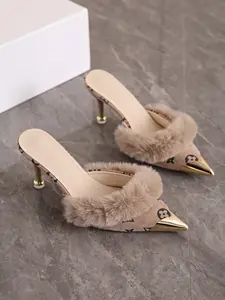 Pointed High Heel Suede Slippers, Y2K Aesthetic Shoes, Metal Toe, Solid Pattern, Rubber Sole, Elegant Women's Party Footwear, Summer