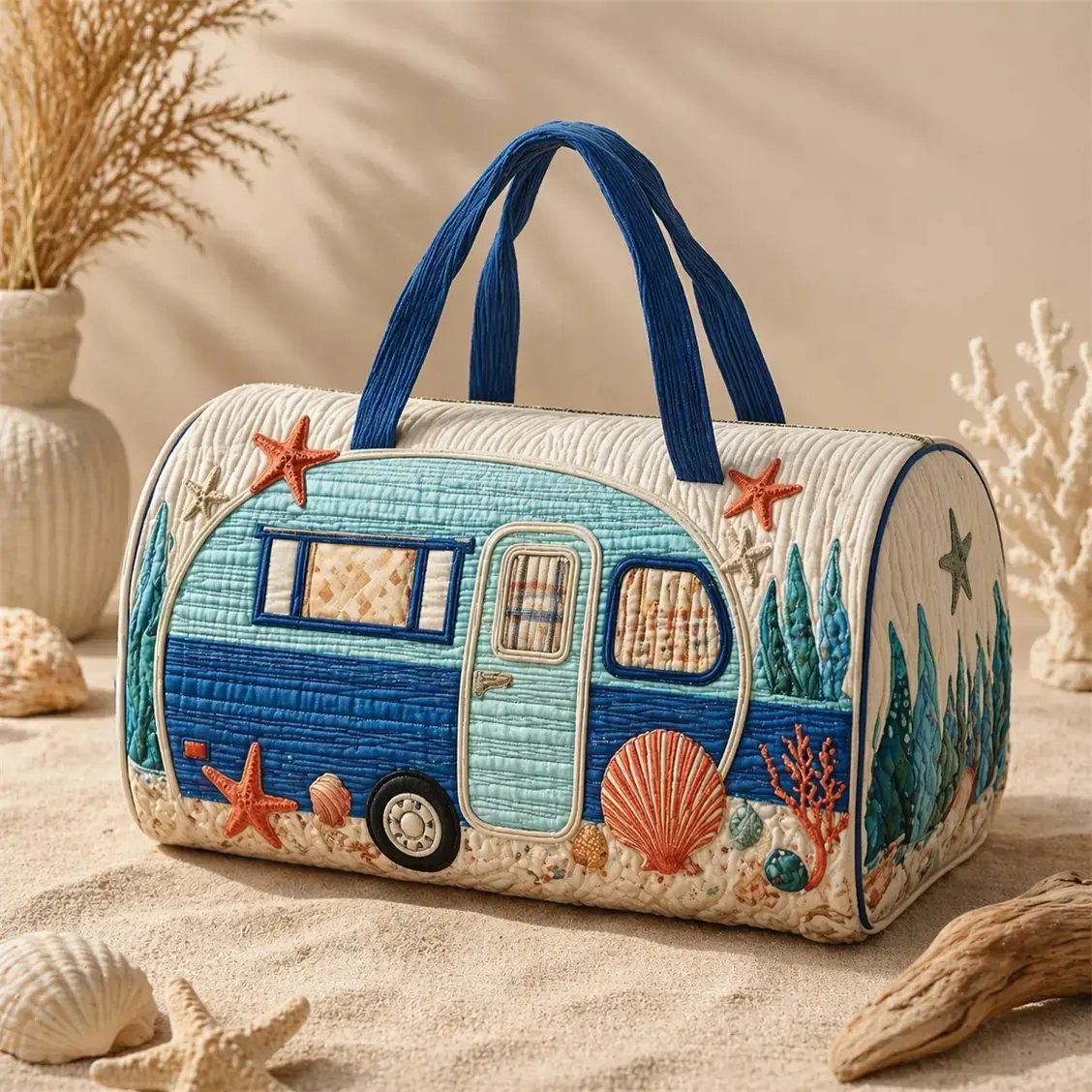 Women's Handcrafted Floral Patch Quilted Tote Bag - Starfish Design, 18" x 9" x 9" High-Capacity Lightweight Boho Vibe Duffel for Travel Stuff, Overnight Pack, Beach Camping Gym Short Trips