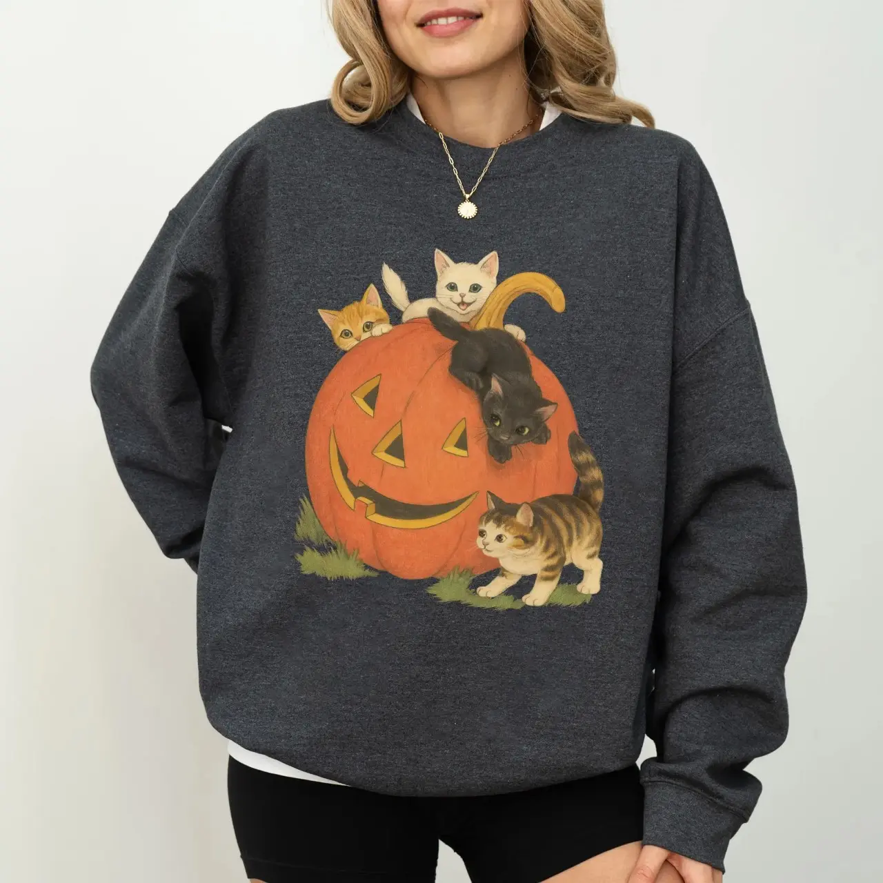Vintage 90s Cat Halloween Sweatshirt, Retro Cute Cats Fall Crewneck, Jack O'Lantern Long Sleeve Pullover, Cozy Autumn Cat Lover Gift, Spooky Season