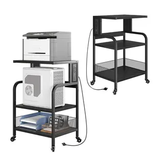 Garvee Upgraded 3-Tier Mobile Printer Stand, Rolling Office Cart With Storage Shelf, Power Outlets And USB Charging Ports, Large Organizer Display Shelf for Small Spaces