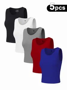 5 Pack Women's Sports Tank Tops, Yoga Sports Vest, Sporty Cami Top, Round Neck High Elastic Fitness Wear, Breathable Casual Activewear for Gym & Daily Use