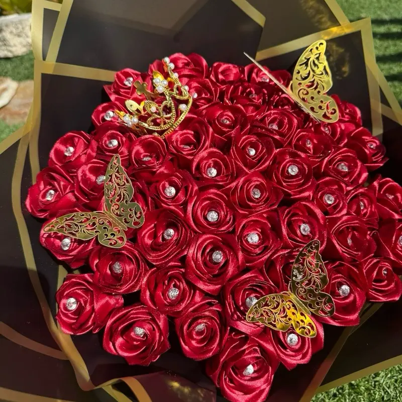 Eternal Flowers Red Rose Bouquet with Gold Butterfly Decorations and Sparkling Accents