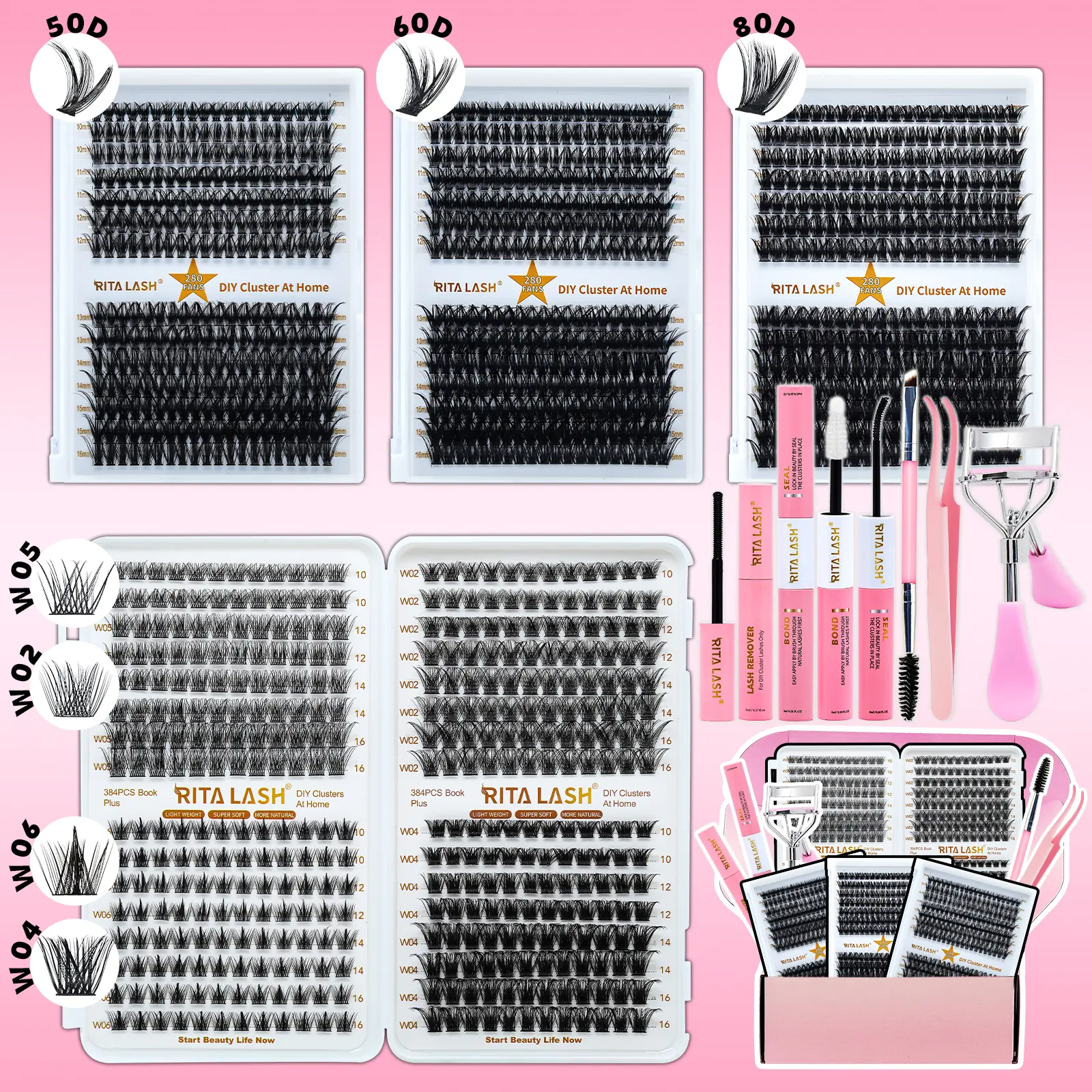 RITALASH 384pcs D Curl Individual False Cluster Kit, Eyelash Extensions Set, DIY Extensions Individual Lashes Mixed Lengths Feline Lash Clusters with Bond and Seal Applicator, Remover Brush and Curler, DIY Eyelashes Kit, DIY Lash Tools