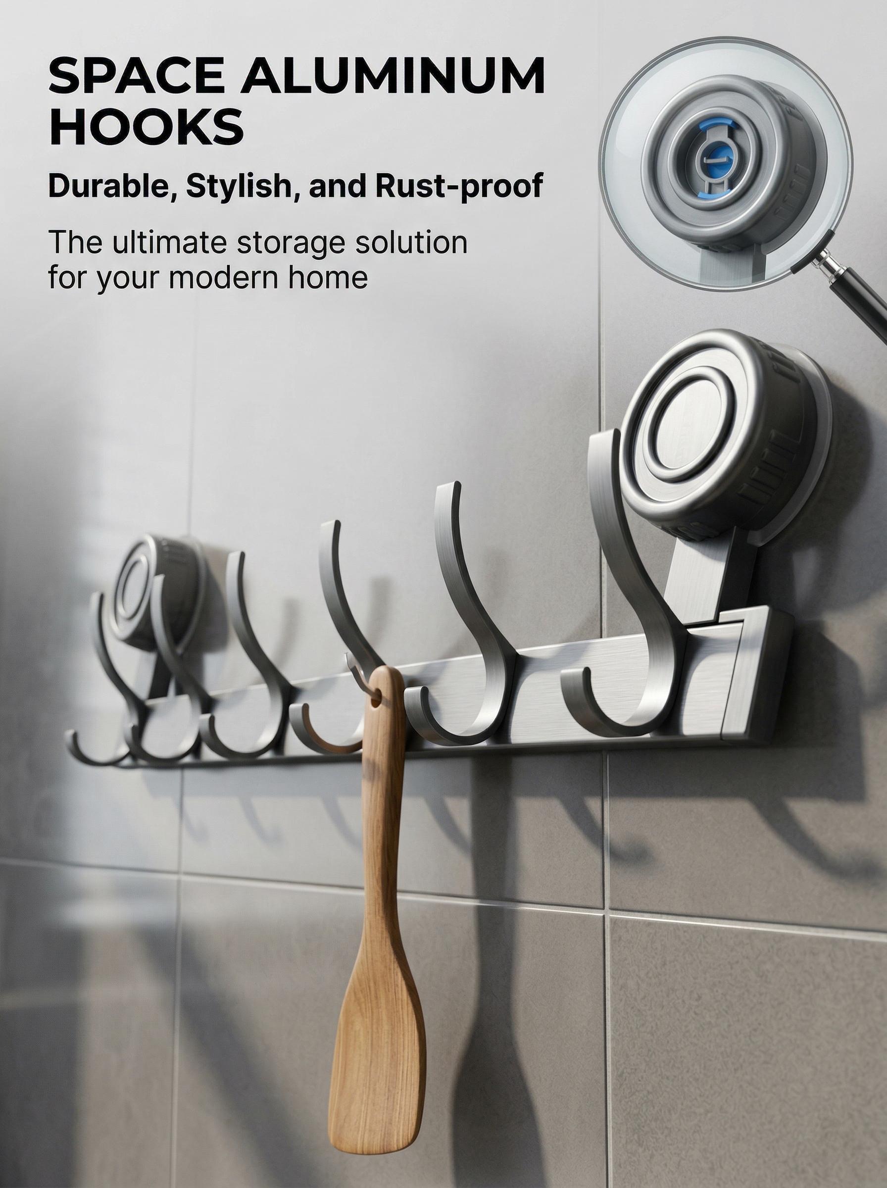 No Drill Succo Hook Rack, Heavy Duty Vacuum Suction Cup Towel Hooks for Bathroom, Wall Mounted Space Aluminum Hanger with 6 Hooks, Waterproof & Reusable, No Damage for Shower, Kitchen, RV, Renters, Hold Towels, Utensils, Robes, No Holes, Easy Install
