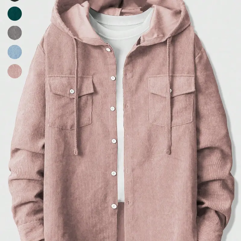 Fall outfits,Men's Tops Corduroy Hooded Long Sleeve Shirt Jacket, Casual Hoodie Jacket, Multiple Colors Available, Casual Simple Plain Design, Perfect for Daily Wear, Layering & Retro Style