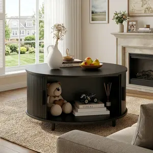 ONBRILL Black Round Coffee Table With Storage, 31.5" Coffee Table With 360° Sliding Tambour Door, Fluted Wood Accent Coffee Table With Adjustable Footpads, Mid Century Modern Round Center Table For Living Room
