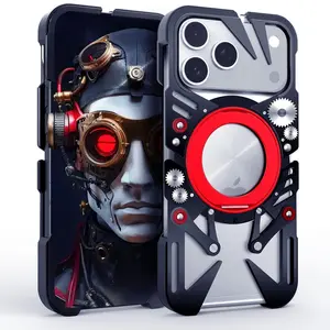 Mechanical Metal Frameless Heat Dissipation Hollow Protective Case Cover for iPhone 16 17 Pro Max, Alloy Magnetic 360 Ring Stand Shell