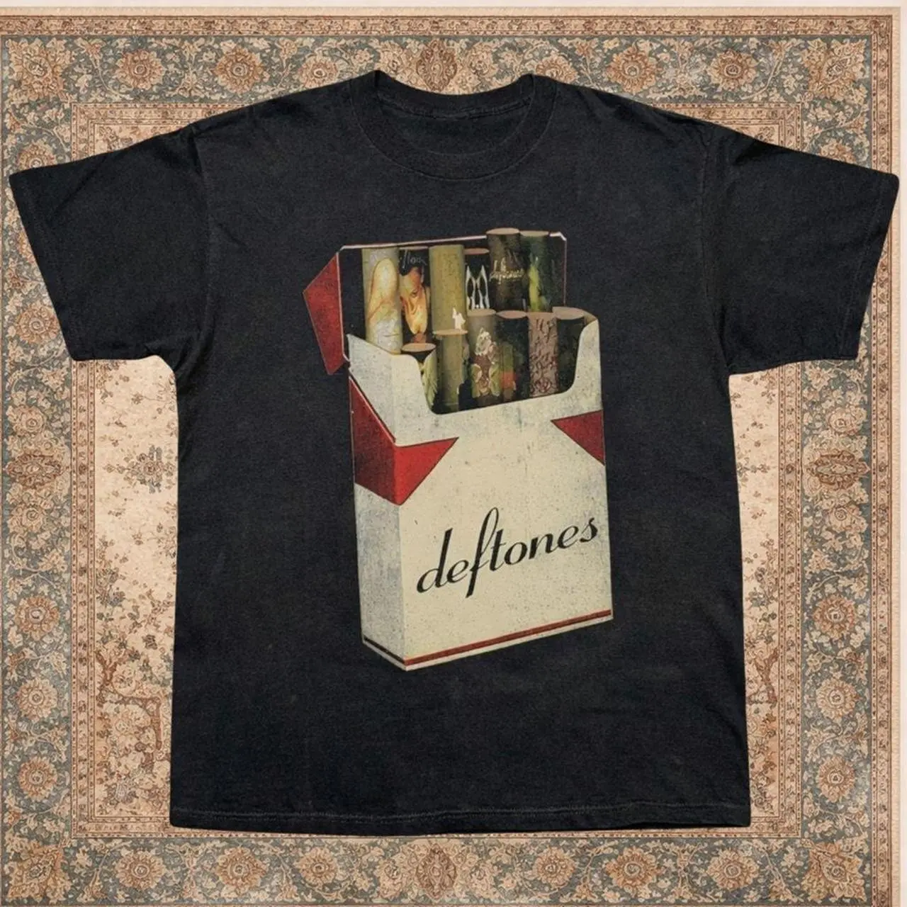 Black unisex T-shirt featuring a bold Deftones-inspired front graphic with a vintage cigarette-pack style design