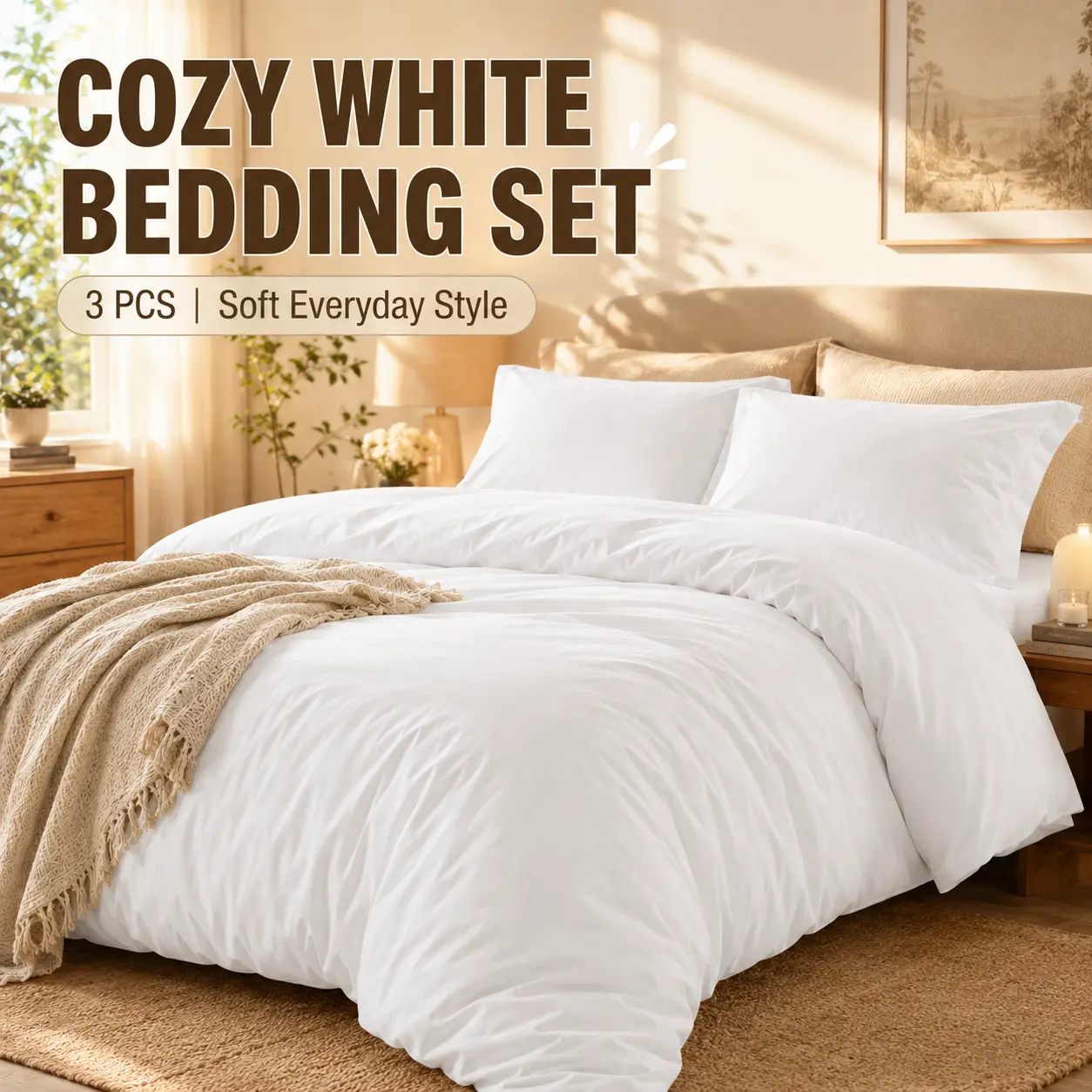Ultra Soft White Bedding Set 3 Pieces | Cozy Minimalist Comfort Duvet Cover Style | Breathable All Season Home Bedroom Essentials