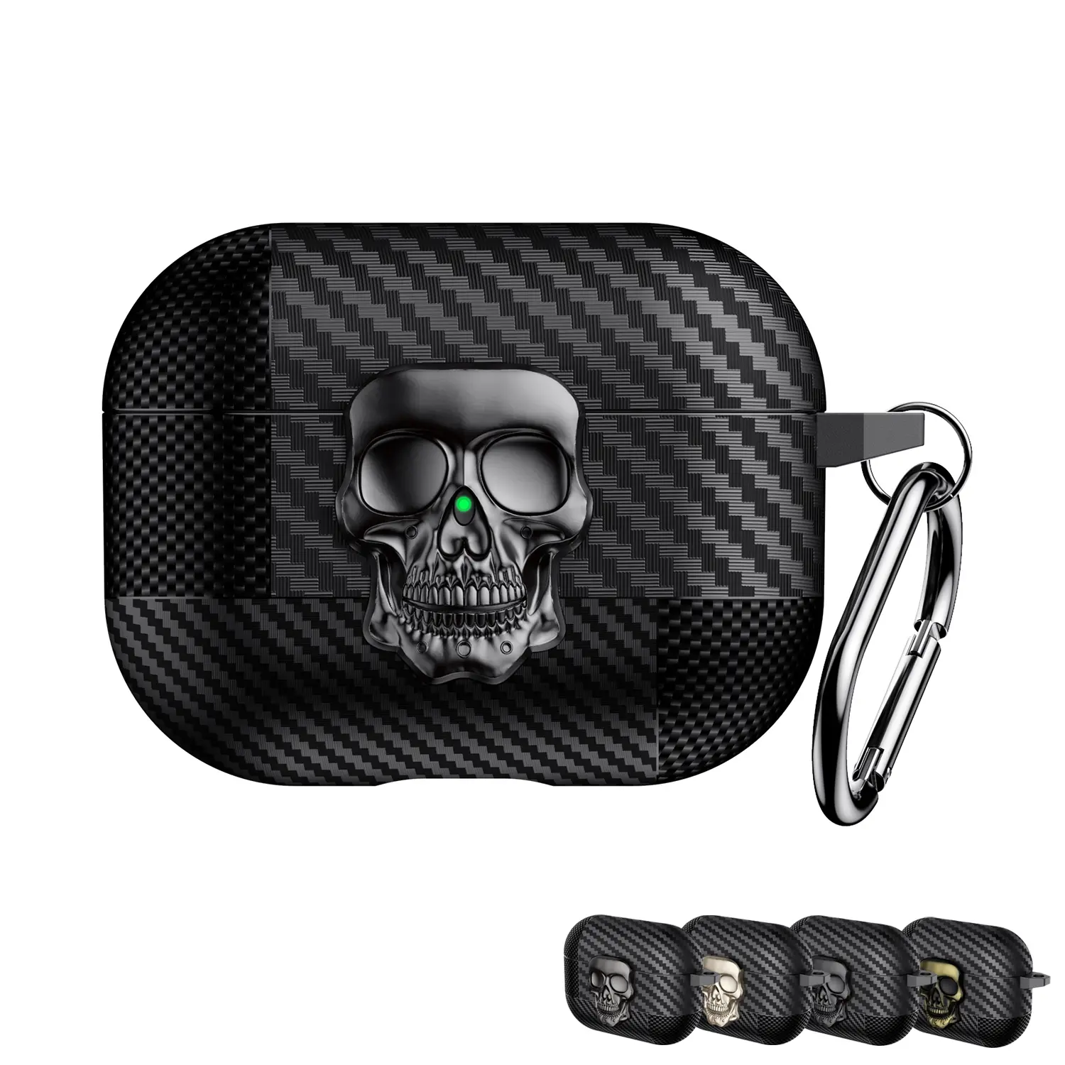 3D Skull Carbon Fiber Texture Case for AirPods 4 3 2 1 Pro 3rd/2nd/1st Gen, Cool 3D Skullface Gothic Style Case with Carabiner Keychain for Men Boys
