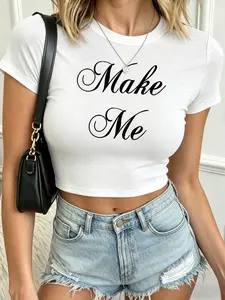 Womens Make Me Graphic Cropped T-Shirt Top, Y2K Slim Fit Short Sleeve Baby Tee, Breathable & Lightweight Cotton Fabric, Summer Streetwear Essential Casual Daily Wear