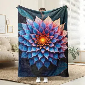 1 piece Bohemian floral wool blanket - black background with blue dahlia print, soft and breathable, 100% polyester, suitable for all seasons, washable, luxurious sofa blanket, home decoration (dark blue, pink, orange, purple) birthday celebration