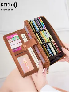 Ladies' Vintage Leopard Print Long Wallet, Leopard Print Wallets, RFID Anti-Theft Brush, Zipper Clutch, Large Capacity, Multiple Card Slots, Large Cash Slot, Can Hold Mobile Phone, Comes With A Wristband, Perfect For Daily Use
